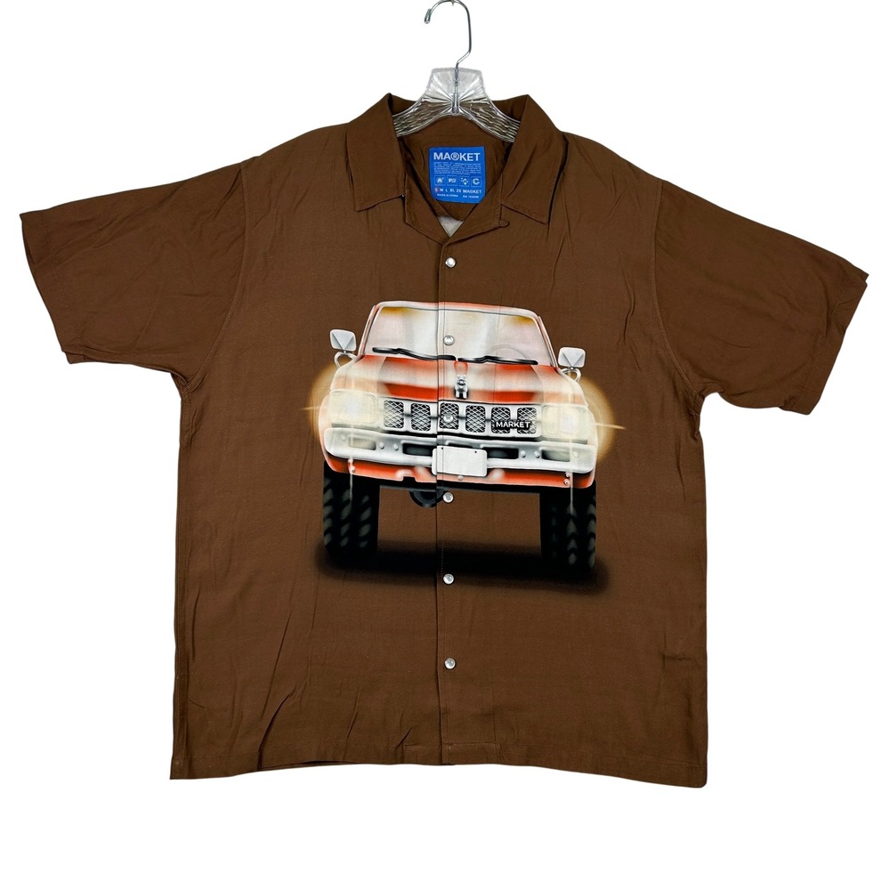 Market Shirt Mens Small Brown Button Up Rayon Truck Graphic Short Sleeve‎ Retro